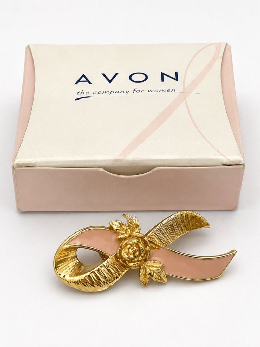 Avon Pink Ribbon Breast Cancer Awareness Pin w/ Rose – Gold Tone Brooch